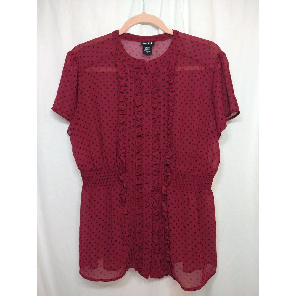 Torrid Size 0 Sheer Swiss Dot Top-Ruffle Sleeve Lightweight Red Burgundy